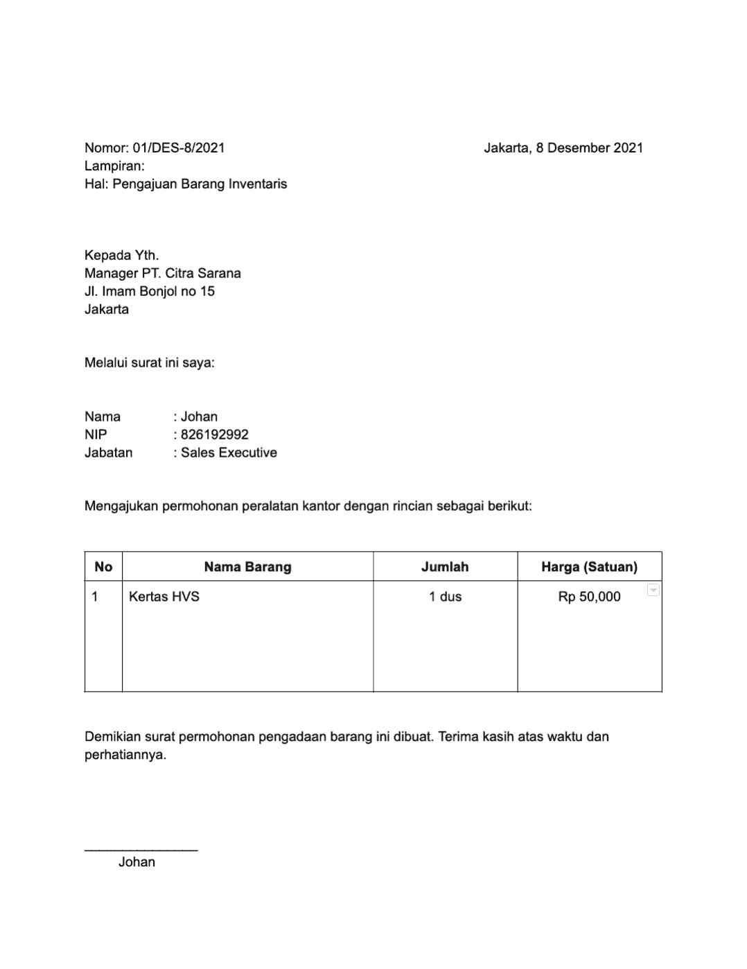 contoh surat pengajuan barang inventaris kantor