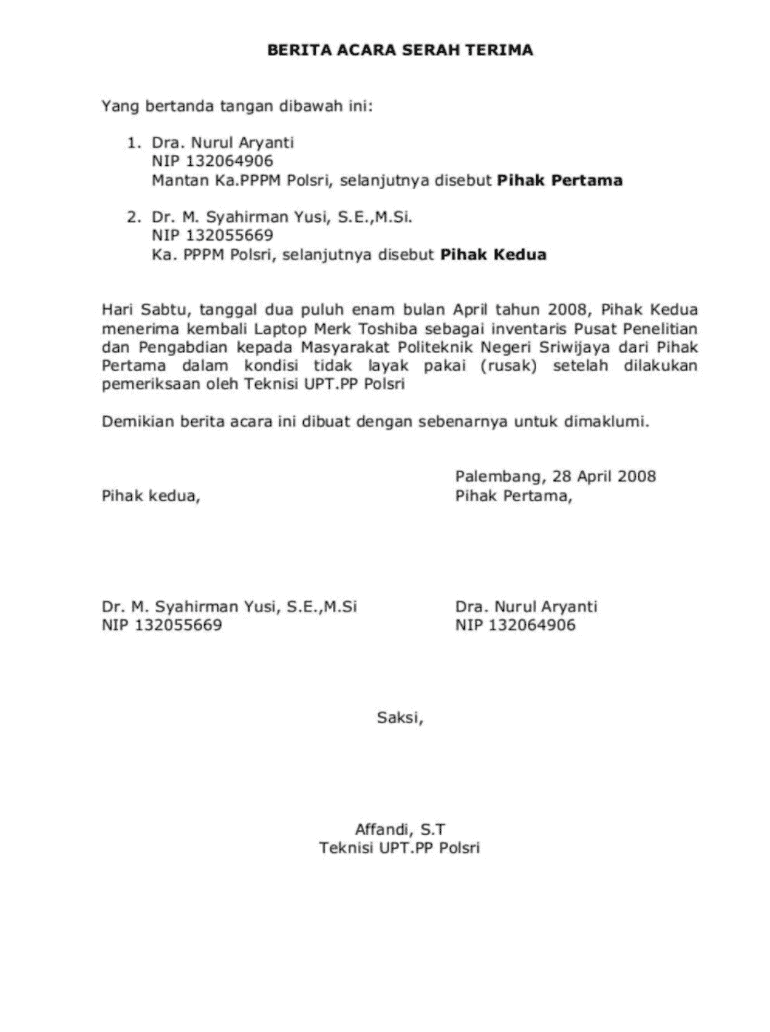 Contoh Surat Serah Terima Barang Inventaris Kantor