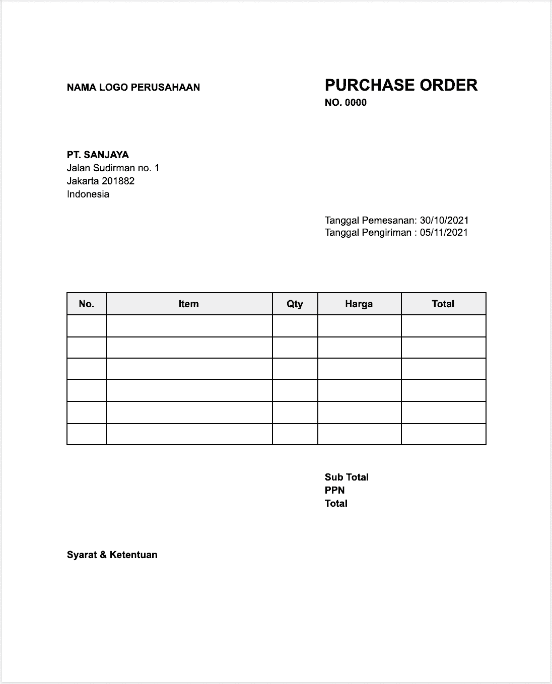 download contoh purchase order template word