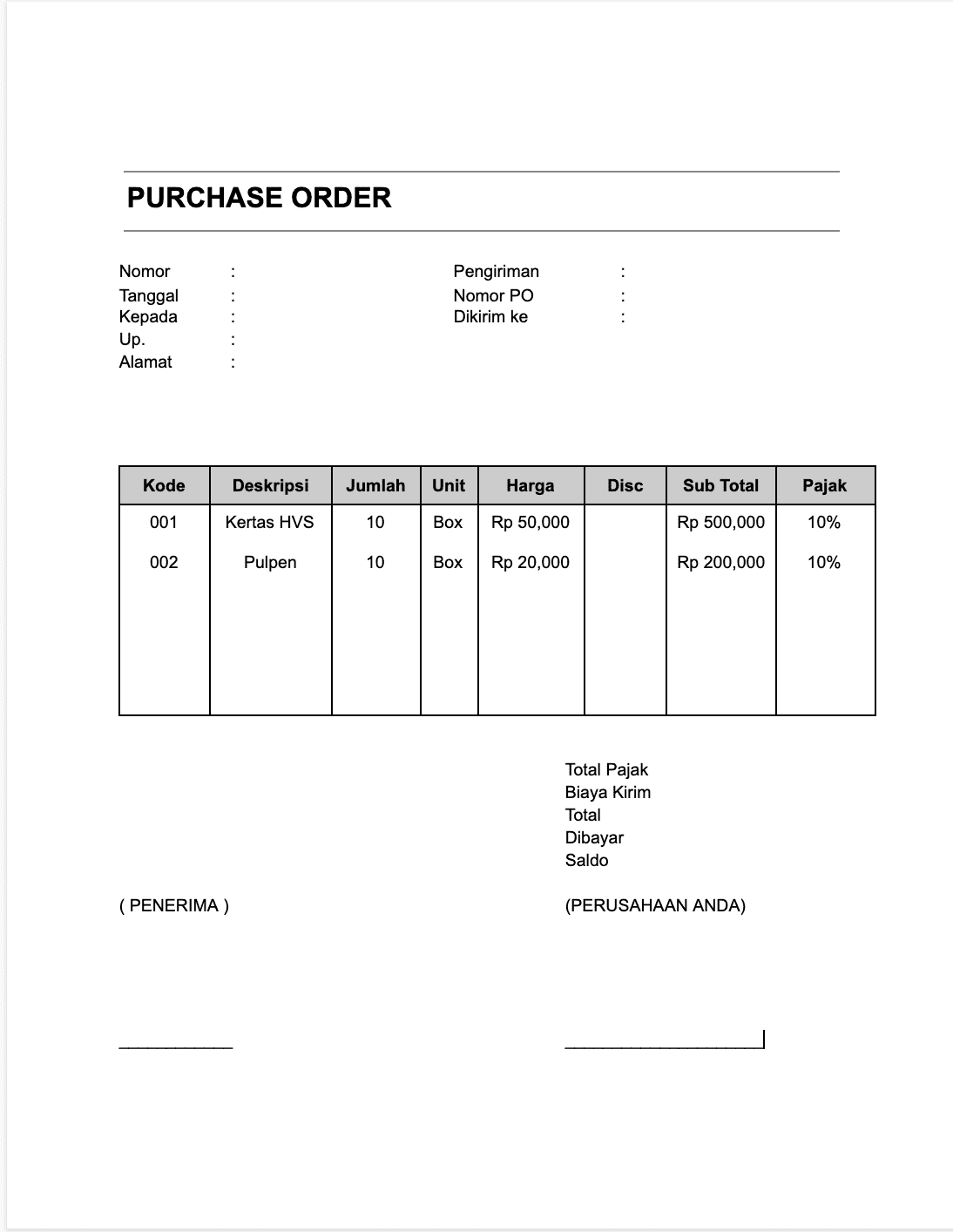 download contoh template purchase order