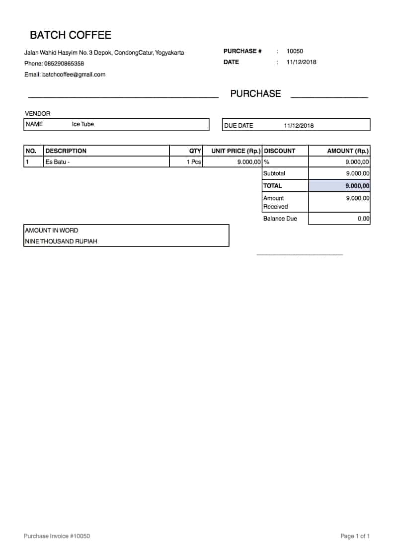Berikut contoh purchase order (PO) dari salah satu bisnis coffee shop