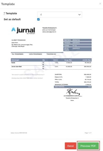 Template Contoh Faktur Penjualan Yang Ada Pada Aplikasi Mekari Jurnal