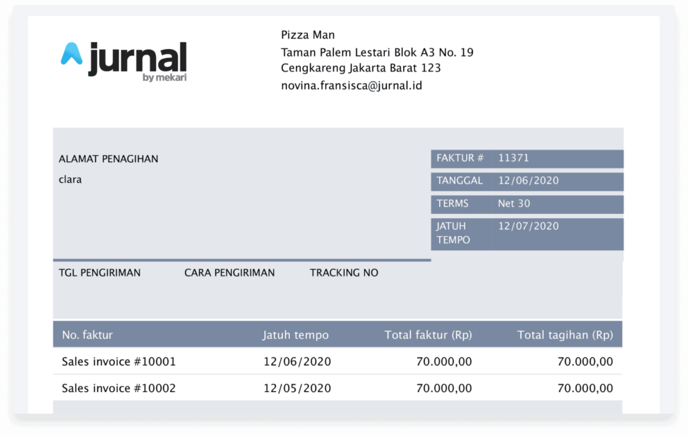 Contoh faktur penjualan pada aplikasi Mekari Jurnal. Jika berminat, Anda juga bisa mencobanya sendiri secara langsung dengan gratis.