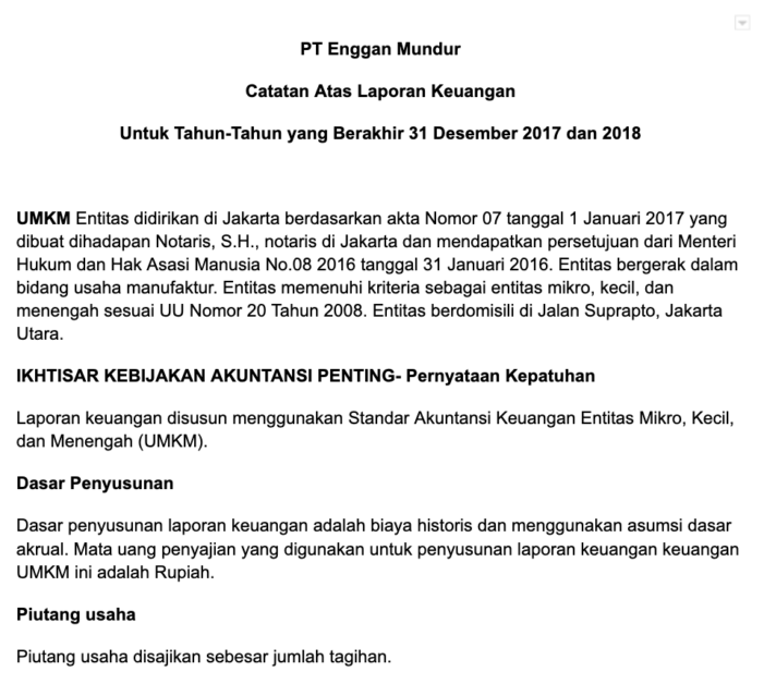 contoh catatan atas laporan keuangan