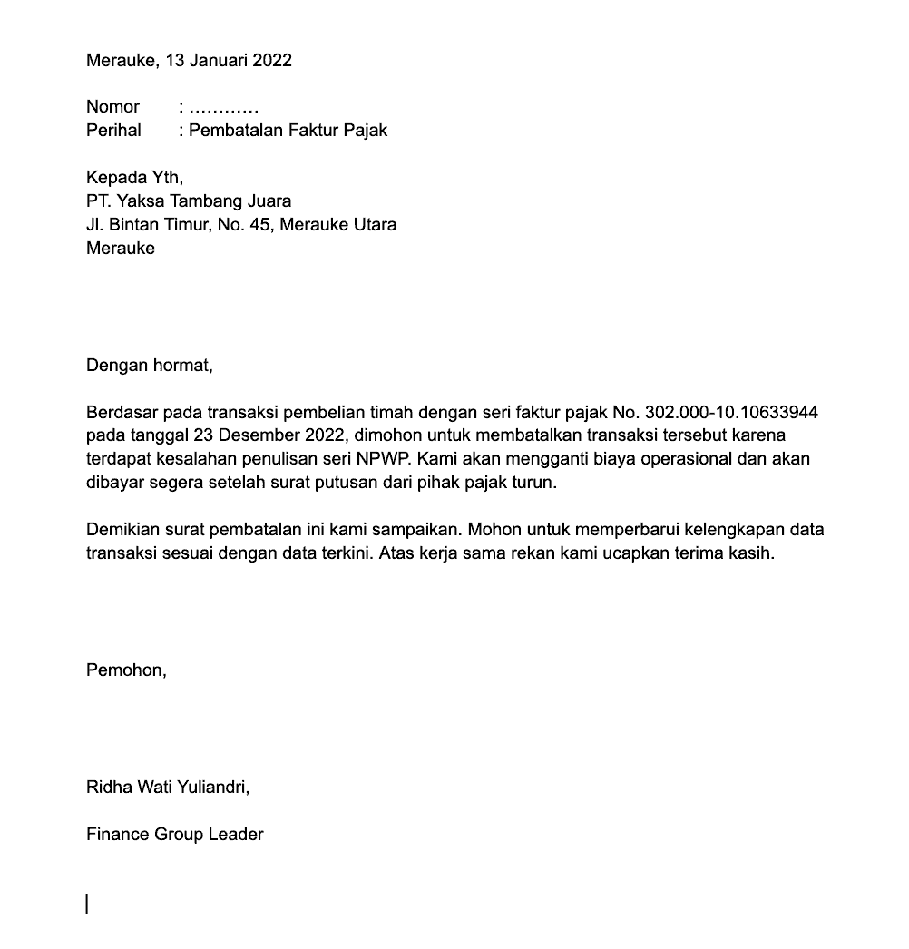 Contoh Surat Pembatalan Faktur Pajak salah npwp