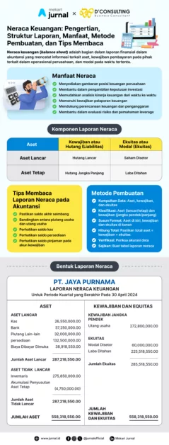 Infografis Mekari Jurnal x D'consulting mengenai neraca keuangan secara umum