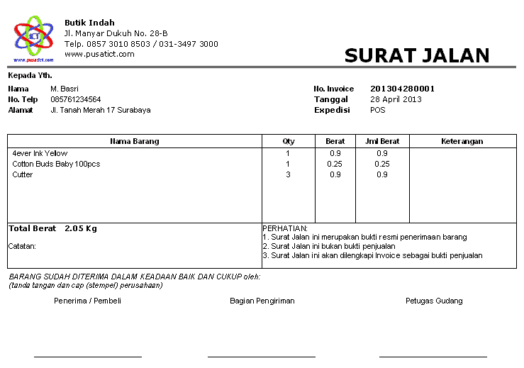 contoh surat jalan bisnis perlengkapan bayi