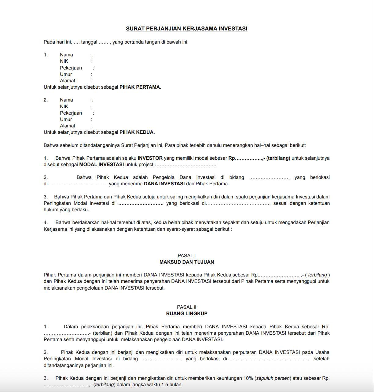 contoh surat perjanjian kerjasama investasi