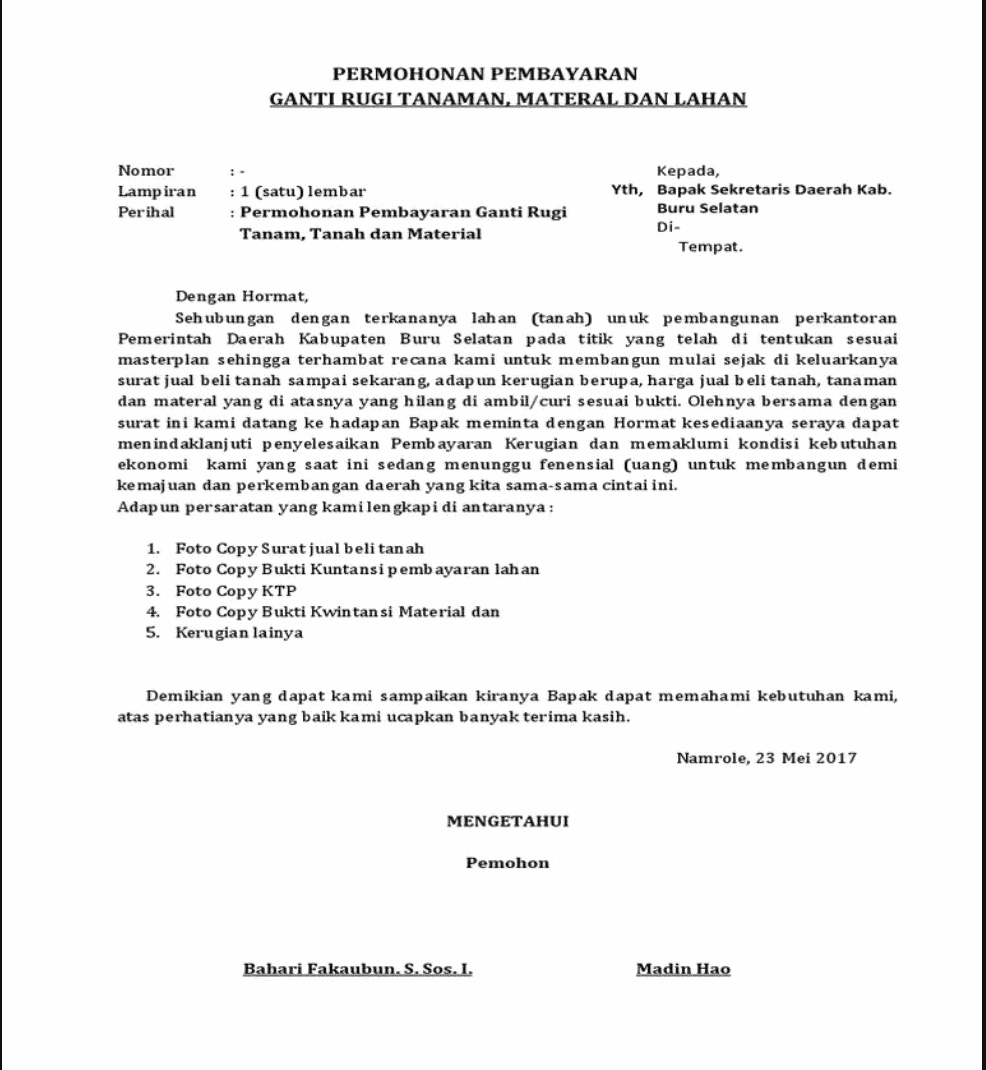 Surat Permohonan Pembayaran Ganti Rugi Lahan