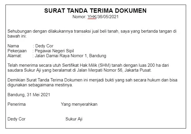 Contoh surat tanda terima dokumen untuk transaksi jual beli tanah