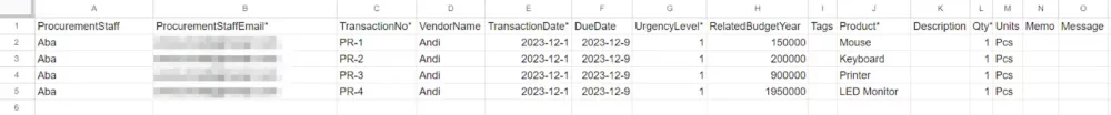 tabel impor data pembelian procurement