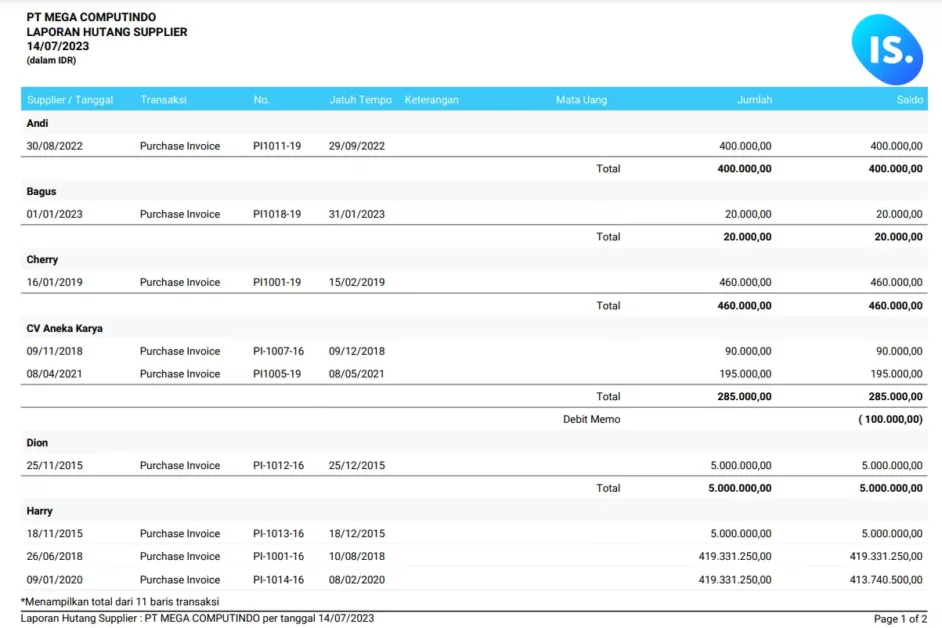 contoh tampilan hutang supplier di software mekari jurnal
