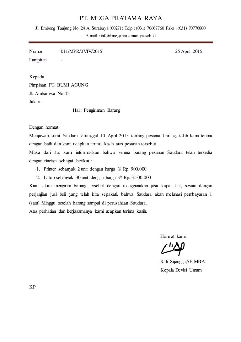 Surat Niaga Pemberitahuan Pengiriman Barang