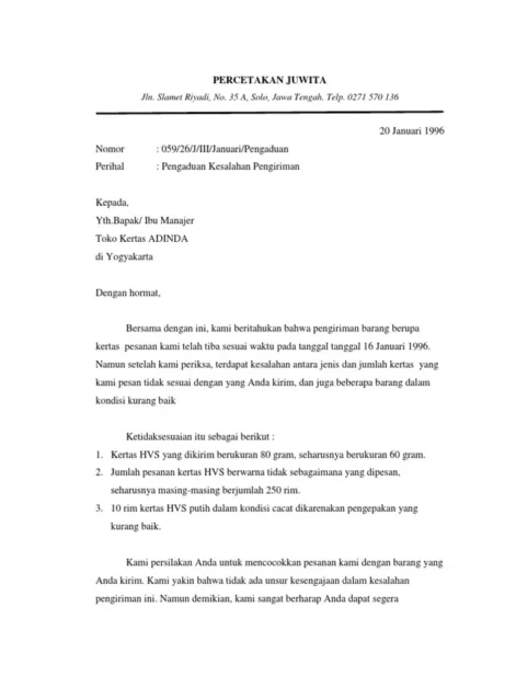 Surat Niaga Komplain atau Pengaduan