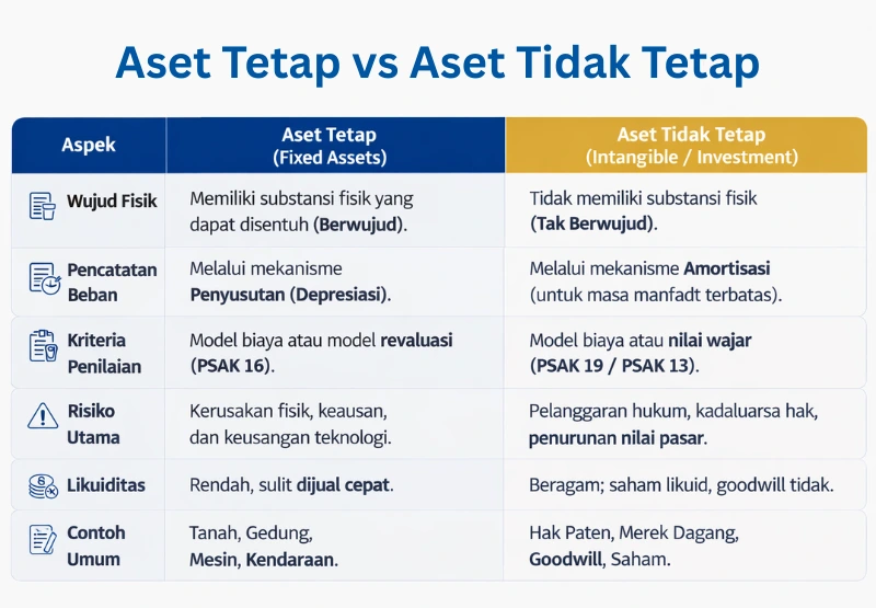 infografis tabel perbandingan perbedaan aset tetap dan aset tidak tetap