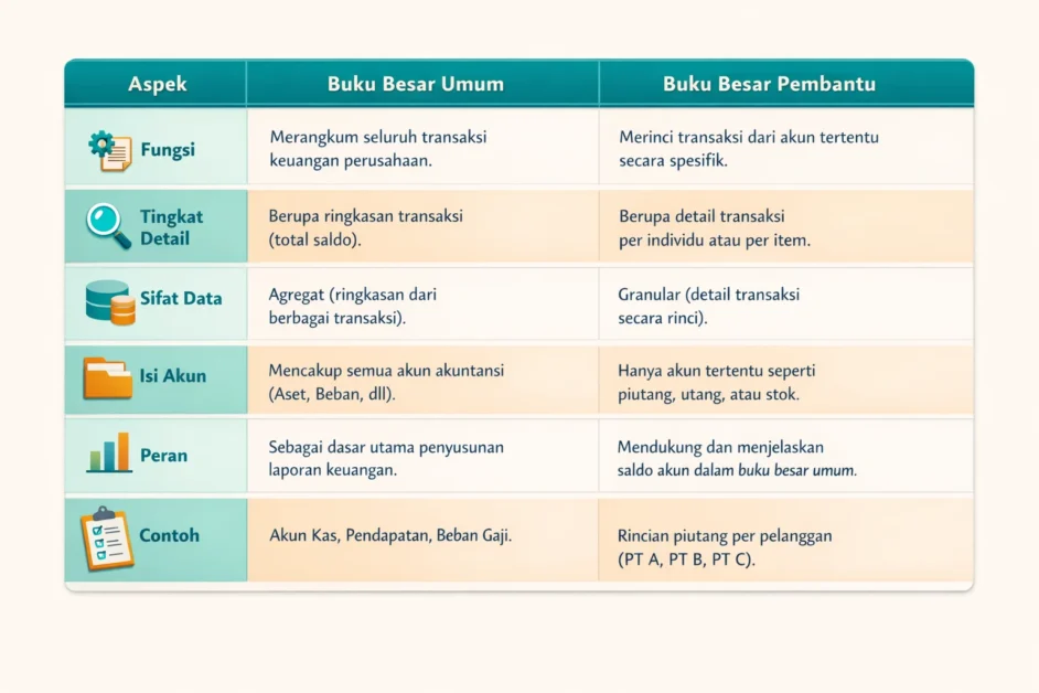 tabel perbandingan perbedaan buku besar umum dan buku besar pembantu