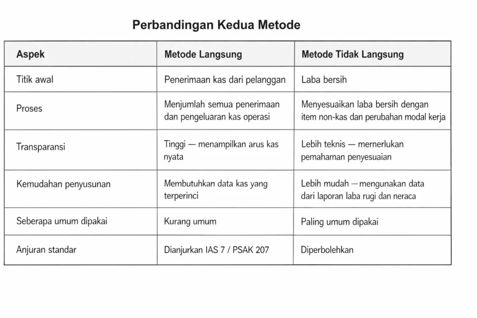 Tabel perbandingan metode arus kas operasi langsung dan tidak langsung