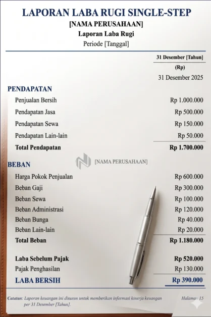Contoh Single-Step Income Statement Sederhana